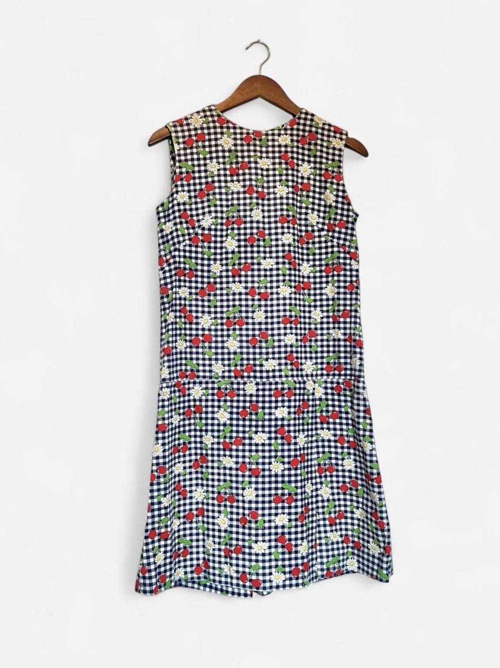 Handmade Sleeveless Gingham Cherry Print Midi Dress - Navy & Red